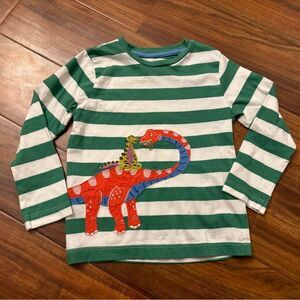 Mini Boden dinosaur appliqué green:white stripe long sleeve shirt